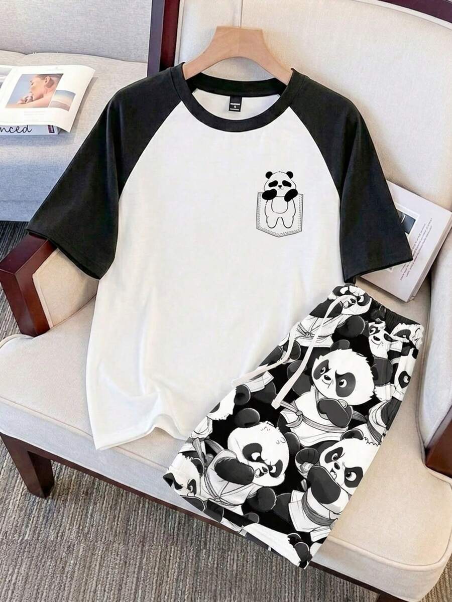 Manfinity Joysei 男士可爱熊猫印花插肩袖睡衣套装，适合居家、睡眠、睡衣派对穿着 - 黑與白 - 查看 1