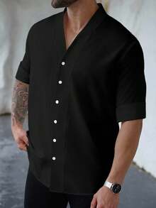 Manfinity Homme Plus Size Men's Casual Solid Color Front Button Long Sleeve Shirt - Black - View 6