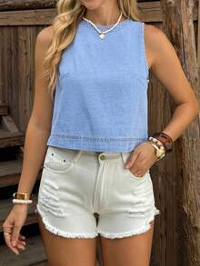 SHEIN Holidaya Áo denim nữ không tay, kiểu dáng thường ngày, hở lưng, buộc dây - Màu xanh lam - Xem 4