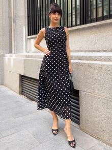Marta Soriano 新款圓領無袖雪紡波點印花優雅連身裙 黑色 夏季 - 黑色 - 查看 1