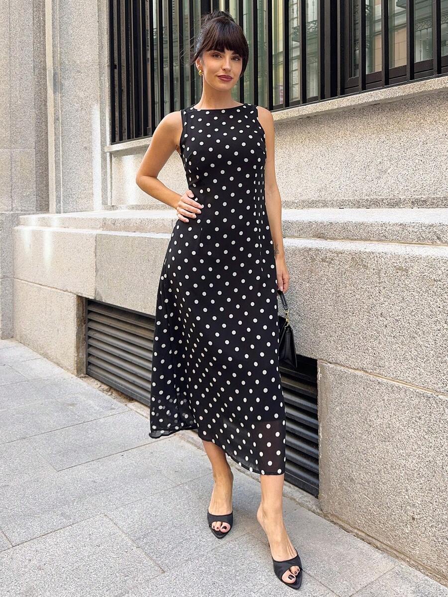 Marta Soriano 新款圓領無袖雪紡波點印花優雅連身裙 黑色 夏季 - 黑色 - 查看 1