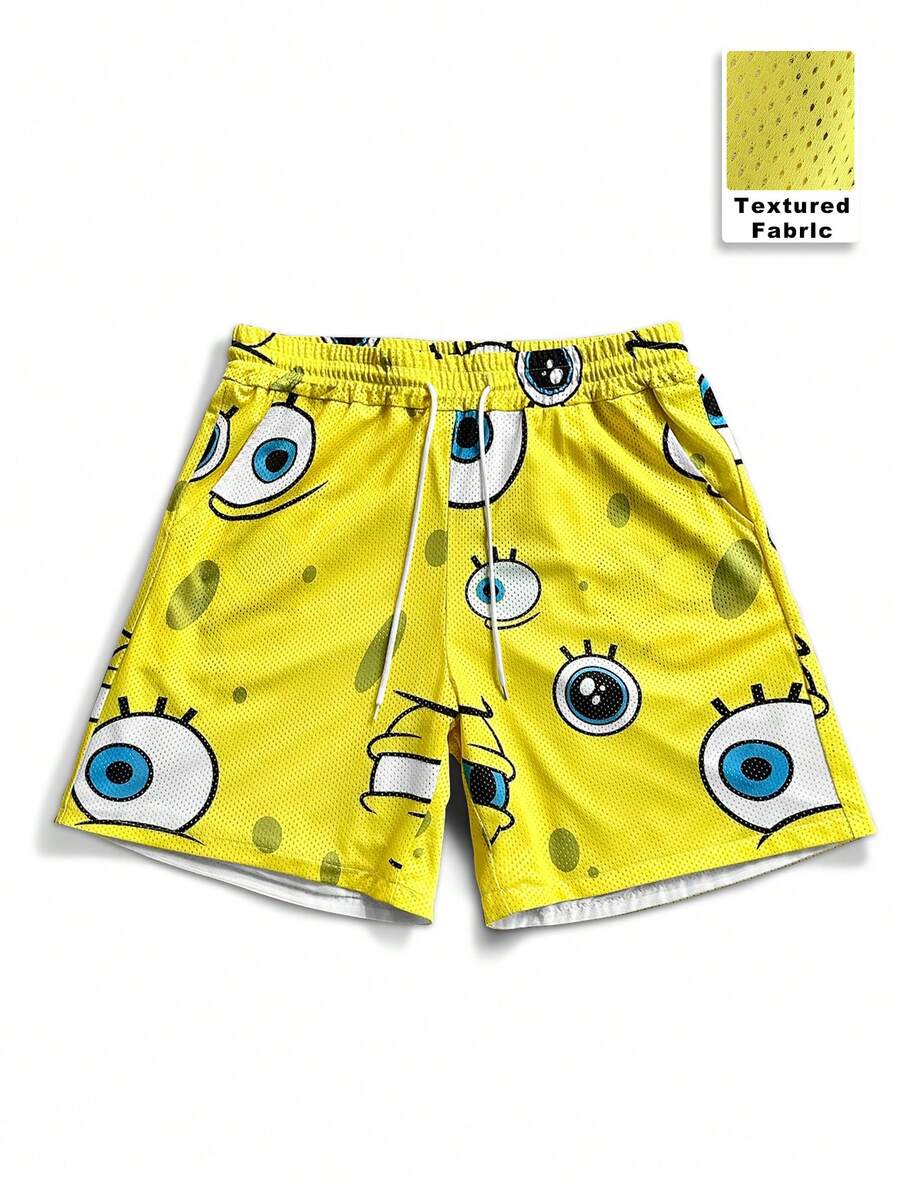 SpongeBob SquarePants | SHEIN Manfinity Hypemode 男士休閒眼睛印花沙灘短褲,度假款 - 彩色 - 查看 1