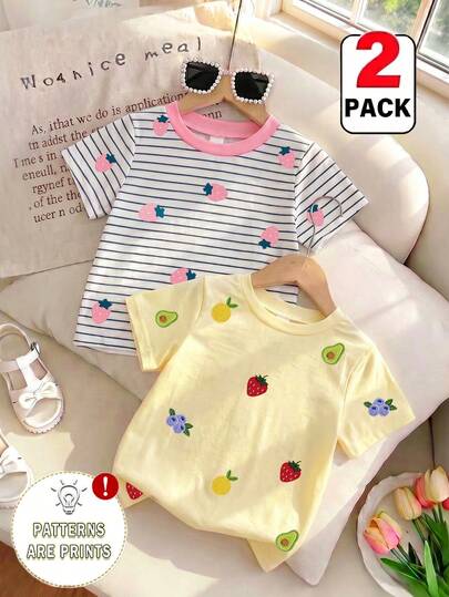 2pcs Girls Toddler Casual Strawberry & Fruit Print Design Round Neck Short Sleeve Top, Suitable For Daily Play, Travel Or Festivals