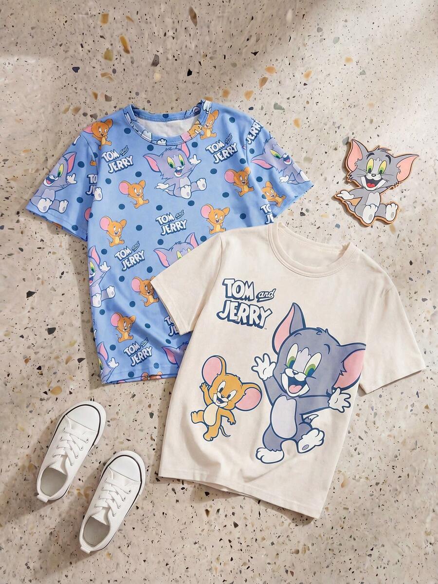 TOM & JERRY X SHEIN GraphicGems 2 buah Kaos Lengan Pendek Musim Panas untuk Bayi Laki-laki dengan Motif Kartun - MultiWarna - View 1