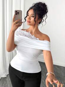 SHEIN Clasi Plus Size Women Elegant Casual Off-Shoulder Lace Rhinestone Fitted Pleated Sleeveless Top Date Night White Summer - White - View 4