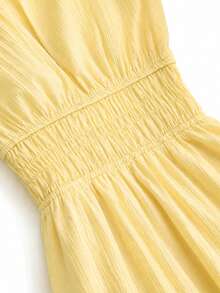 SHEIN Holidaya Women's Solid Color V-Neck Cap Sleeve Waist Ruched Dress, Vacation - Butter Yellow - View 4