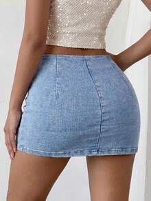 SHEIN Glamour Chân váy denim ngắn nữ mùa hè, phong cách thường ngày, thoải mái, đính sequin và tua rua. - Màu xanh lam - Xem 3