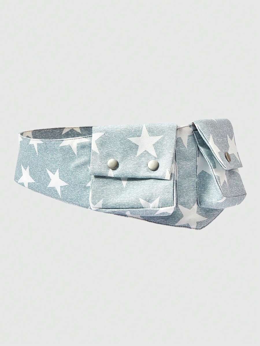 ROMWE Anime Y2K Retro Gray Star Printing Pocket Snap Button Fanny Pack Adjustable Width Multi-Functional Belt Bag - Fashionable And Simple Commuting Multi-Purpose Fashion Accessories Single Item, Suitable For Going Out To Street Photography, Music Festivals, Shopping, Shopping, Etc - Dark grey star - View 1