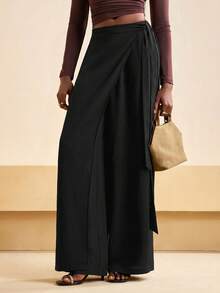 Zivah Women's Black Summer Classy Elegant Vacation Loose Wide Leg Pants,Front Panel Overlay Waist Tie Trousers,Business Casual Commute Minimalist Style - Black - View 6