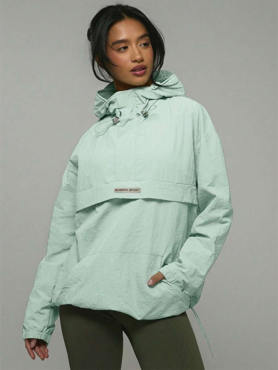 Musera Sport 尼龙半拉链口袋细节Logo连帽外套,春夏皆宜,可作雨衣、徒步、运动、休闲、假日、节日、街头服饰、冬季、返校季、健身、休闲、日常、冬季、圣诞节穿着。 - 薄荷綠 - 查看 1