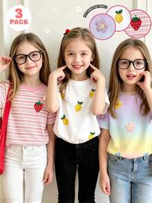 Bộ 3 áo thun ngắn tay dệt kim họa tiết hoa và dâu tây ombre dễ thương màu hồng dành cho bé gái, thích hợp cho các hoạt động mùa hè. - Nhiều màu - Xem 6
