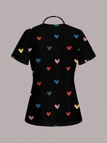 SHEIN Essnce 休闲心形图案女式手术服上衣，适合夏季 - 黑色 - 查看 2