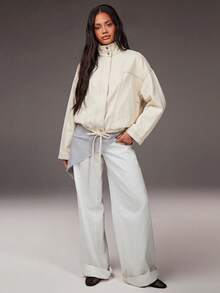Athîral Denim Áo khoác denim dài tay nữ kiểu dáng thường ngày, thích hợp cho kỳ nghỉ - Màu be - Xem 2