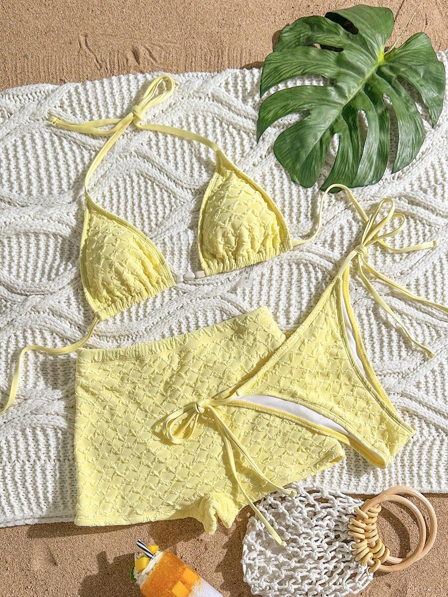 Swim Vcay Bộ bikini 3 món dành cho nữ, chất liệu vải trơn, có họa tiết, buộc dây cổ, thích hợp cho mùa hè. - Vàng nhạt - Xem 1