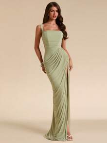 SHEIN BAE Sage Green Women's Ruched Bandeau Fitted High Slit Dress, Tight Elegant Flowing Suitable For Vacation, Beach, Bridesmaid, Wedding, Spring/Summer - Green - View 1