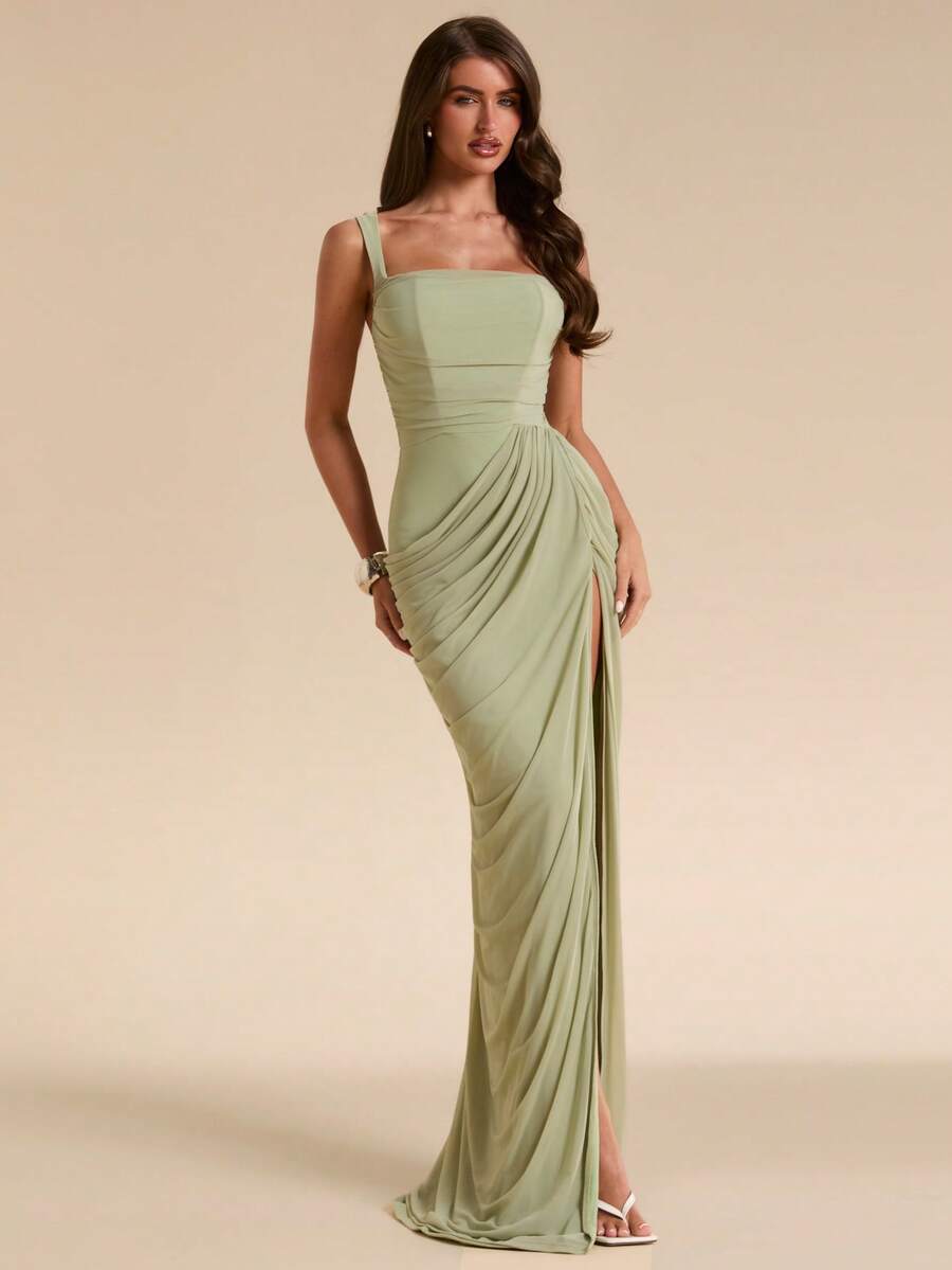 SHEIN BAE Sage Green Women's Ruched Bandeau Fitted High Slit Dress, Tight Elegant Flowing Suitable For Vacation, Beach, Bridesmaid, Wedding, Spring/Summer - Green - View 1