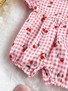 Newborn Baby Girl Casual Cute Summer Plaid Cherry Print Romper - Pink - View 3