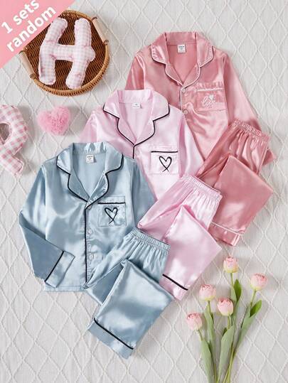 Girls 3-Piece Pajama Set, Solid Color Seersucker Casual Pocket Heart Print Long Sleeve Cardigan And Pants, Random Assorted Surprise Blind Box