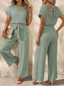 SHEIN Clasi Plus Size Elegant Round Neck Jumpsuit With Waist Belt And Wide Leg - Mint Green - View 1