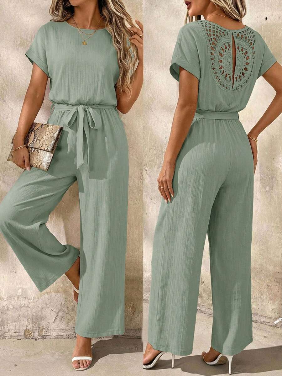 SHEIN Clasi Plus Size Elegant Round Neck Jumpsuit With Waist Belt And Wide Leg - Mint Green - View 1