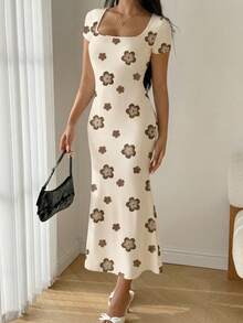 Modelyn Summer Square Neck Mermaid Ruffle Hem Bodycon Dress Vacation Off-White Elegant Cute Picnic - Multicolor - View 4