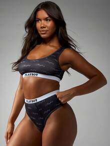 Missguided x Playboy High Rise Seamless Logo Print Hipster Panties Elastic Band Knit Underwear Smooth Briefs Flattering Fit Classic Design Modern Intimate Lounge Bottom - Black - View 1