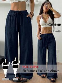 SHEIN Tall CURVE Plus Size Women's Solid Color Drawstring Waist Loose Casual Pants - Navy Blue - View 1