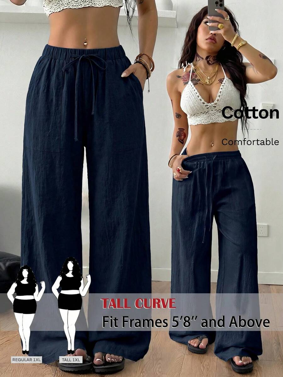SHEIN Tall CURVE Plus Size Women's Solid Color Drawstring Waist Loose Casual Pants - Navy Blue - View 1