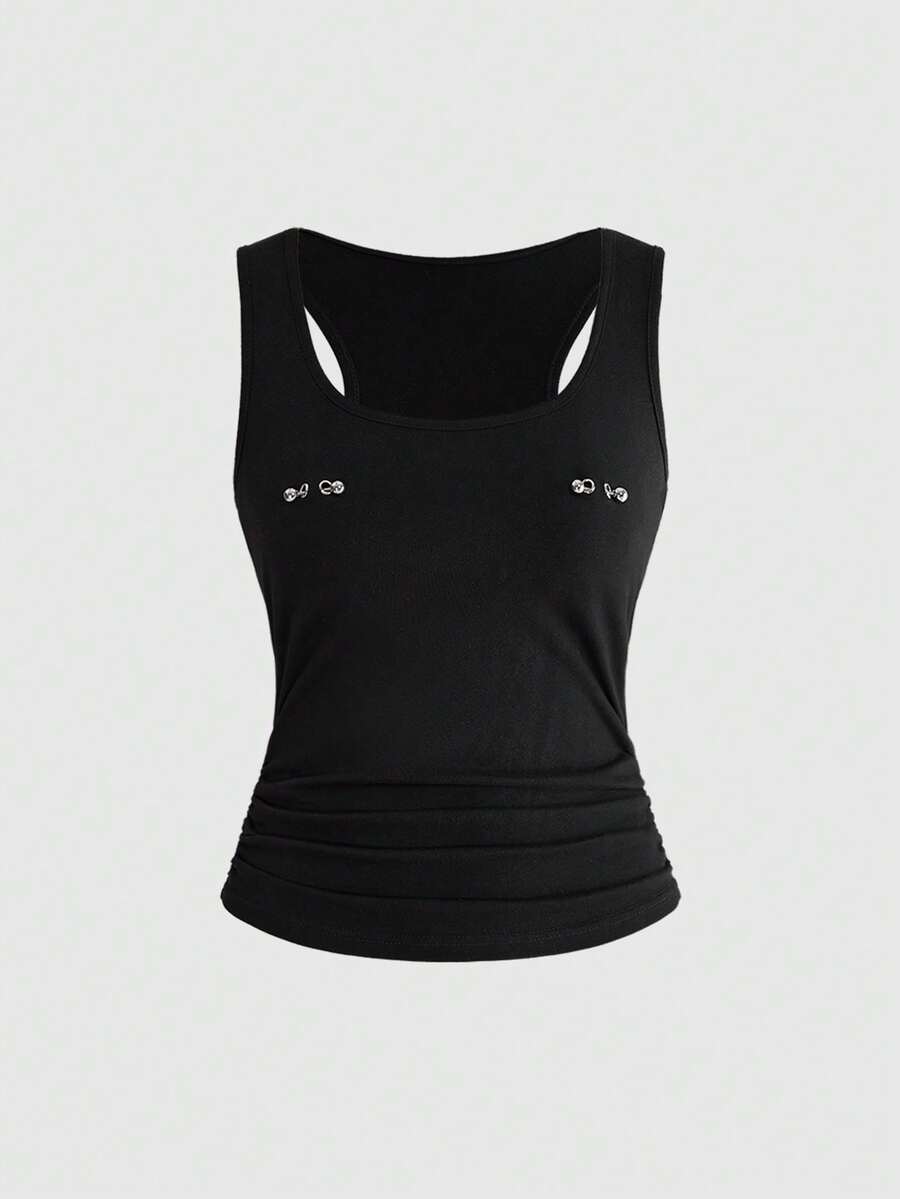 ROMWE Grunge Punk Áo tank top nữ ôm sát, thiết kế gợi cảm, họa tiết đinh tán kim loại, thích hợp cho lễ hội âm nhạc mùa hè. - màu đen - Xem 1