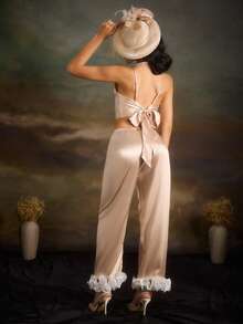 PinupPomp Women's Satin Knot Cami Top And Color Blocking 3D Flower Pants Pajama Set - Champagne - View 2