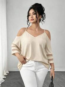 Elenzga 大码女式梭织常规春夏休闲通勤吊带露肩七分袖网纱拼接黑色上衣 - 米色 - 查看 4