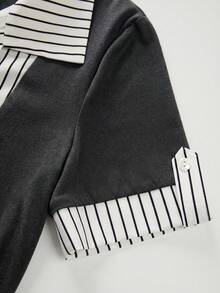 SHEIN Franclia Áo thun nữ tay ngắn cổ polo kẻ sọc phối màu, áo sơ mi tay ngắn cài nút in họa tiết, kiểu dáng thường ngày, thích hợp mặc đi làm, mẫu mới mùa hè thu 2026. - Xám - Xem 7