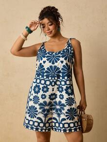 Travachic Plus Size Casual Vacation Floral Print Red Tie-Up Loose Camisole For Women - Blue and White - View 7