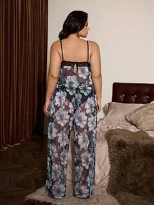 Slumberist Plus Size Women Sexy Sleepwear Set With Mesh Floral Print Patchwork Faux Silk And Lace Trim Camisole And Pajama Pants - Multicolor - View 2