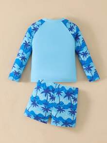 SHEIN Infant/Toddler Boys' Tropical Holiday Style Print 2-Piece Set - Short Sleeve Top + Shorts, Suitable For Vacation And Pool Play - Blue - View 2