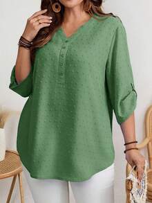 EMERY ROSE Camisa casual de mujer talla grande de unicolor con cuello en V y mangas enrolladas - Verde - Ver 1