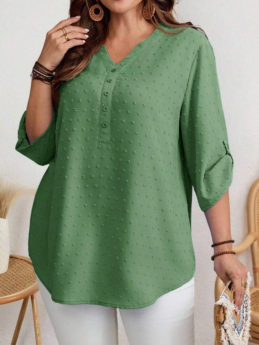 EMERY ROSE Camisa casual de mujer talla grande de unicolor con cuello en V y mangas enrolladas - Verde - Ver 1