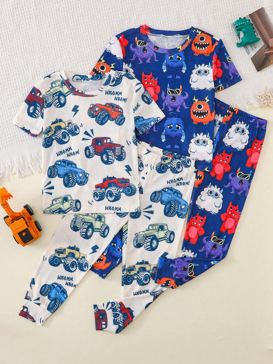 SHEIN 4件套男童休闲简约紧身舒适圆领短袖紧身裤睡衣,适合春夏穿着,印有汽车、挖掘机、艺术家图案 - 彩色 - 查看 1