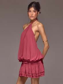 MUSERA Roja De Sol 露背吊带低领泡泡褶皱多层收腰迷你连衣裙，春夏度假伊比沙岛优雅之选 - 酒紅色 - 查看 3