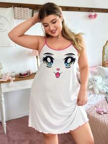 Slumberry CURVE Cute Cartoon Graphic Print Camisole Nightgown For Women - Multicolor - View 4