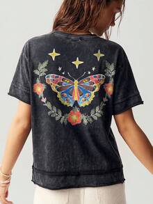 Bohemela Casual Solid Color Knit Round Neck Short Sleeve Loose Butterfly Cutout Back Women T-Shirt - Black - View 4