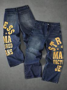 ROMWE MEN Street Life Celana Jeans Denim Pria dengan Kancing Saku dan Grafis Huruf, Kasual, Serbaguna untuk Pemakaian Sehari-hari - Biru - View 1