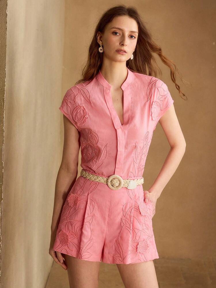 WOMEN'S PINK TENCEL LINEN EMBROIDERED SHIRT, SUITABLE FOR DATES AND VACATIONS, SPRING/SUMMER