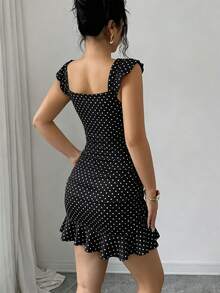 Elegante y sexy vestido ajustado con estampado floral francés y volantes en el bajo, adecuado para citas, vacaciones y uso diario - Negro - Ver 2