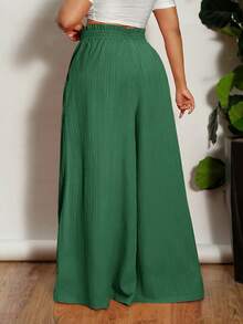 Slaydiva Plus Size Women High Waist Solid Color Drawstring Waist Wide Leg Pants, Vacation - Army Green - View 2