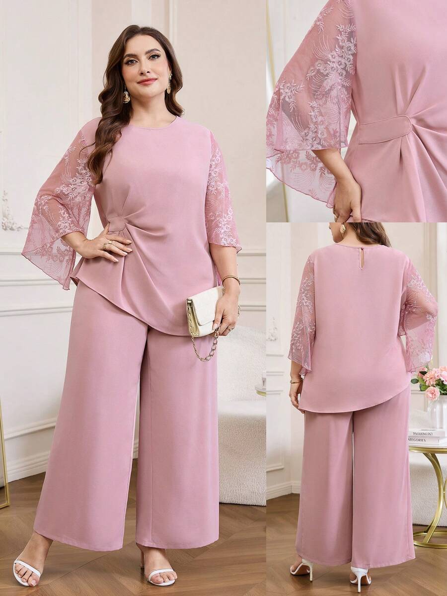 SHEIN Clasi 大码女装两件套：蕾丝拼接扭结袖上衣和裤子