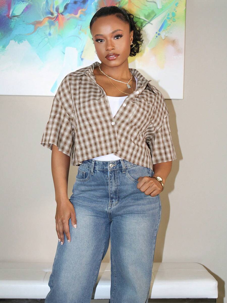 Steph T 女式春夏复古学院风短款格子宽松短款上衣新年红色衬衫 - 鏽棕色 - 查看 1