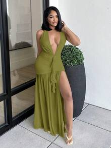 Alexandranx 性感简约纯色奶油黄深V领露背紧身褶皱网纱连衣裙，适合派对、鸡尾酒会、正式场合、伴娘、生日、圣诞节、商务休闲等场合，优雅女士礼服 - 橄欖綠 - 查看 4