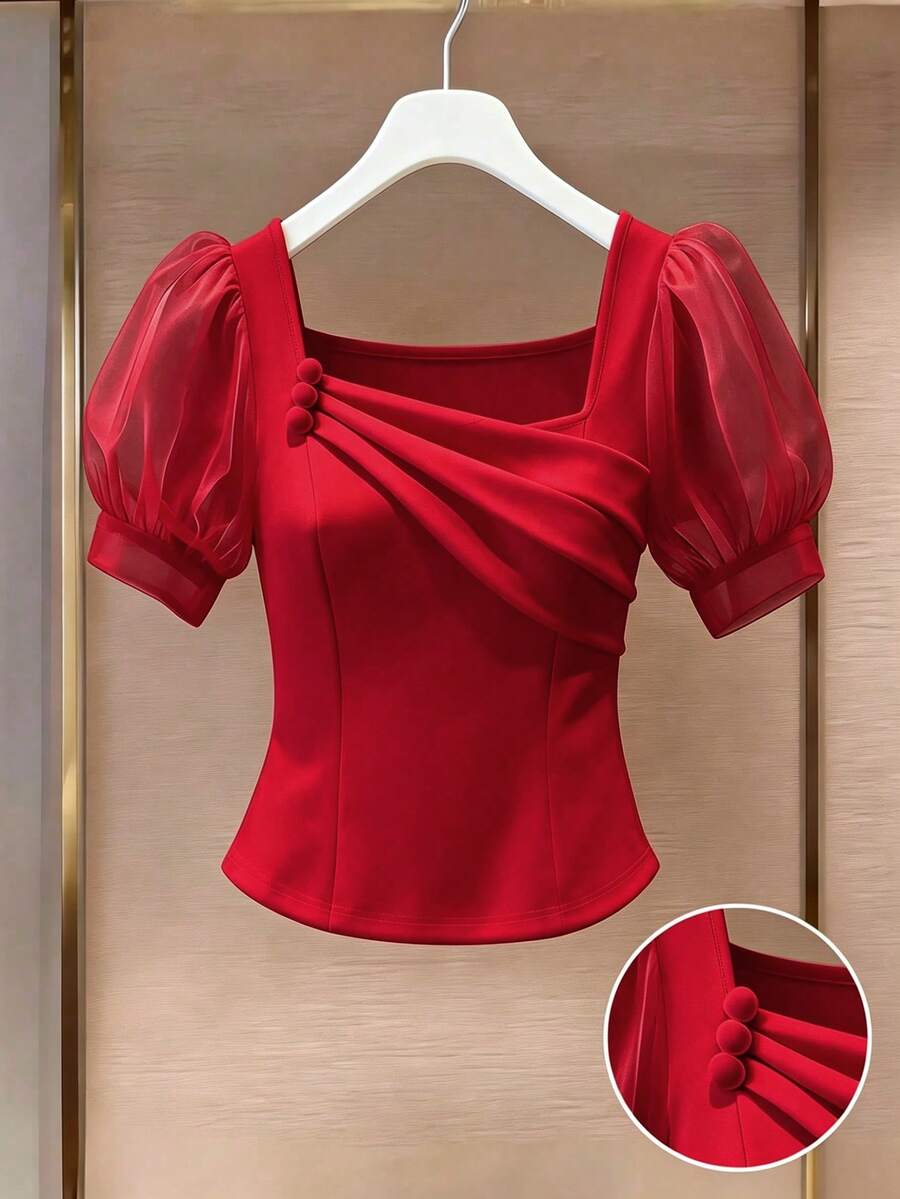 EMERY ROSE Vestido de noche de satén y parches de satén de alta gama para mujer, blusa formal de estilo francés para banquetes, primavera/verano - Rojo - Ver 1