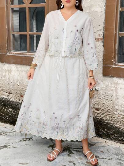 Lacomfia Plus Size 3/4 Sleeve Embroidered & Printed A-Line Skirt Set, Elegant Casual Resort Wear For Women